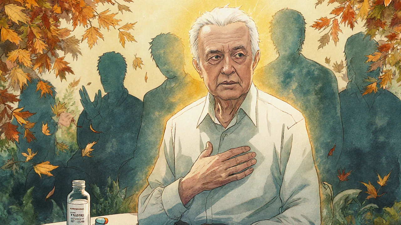 Hombre mayor en jardín, paz tras tratamiento, síntomas anteriores desvaneciéndose como hojas otoñales.