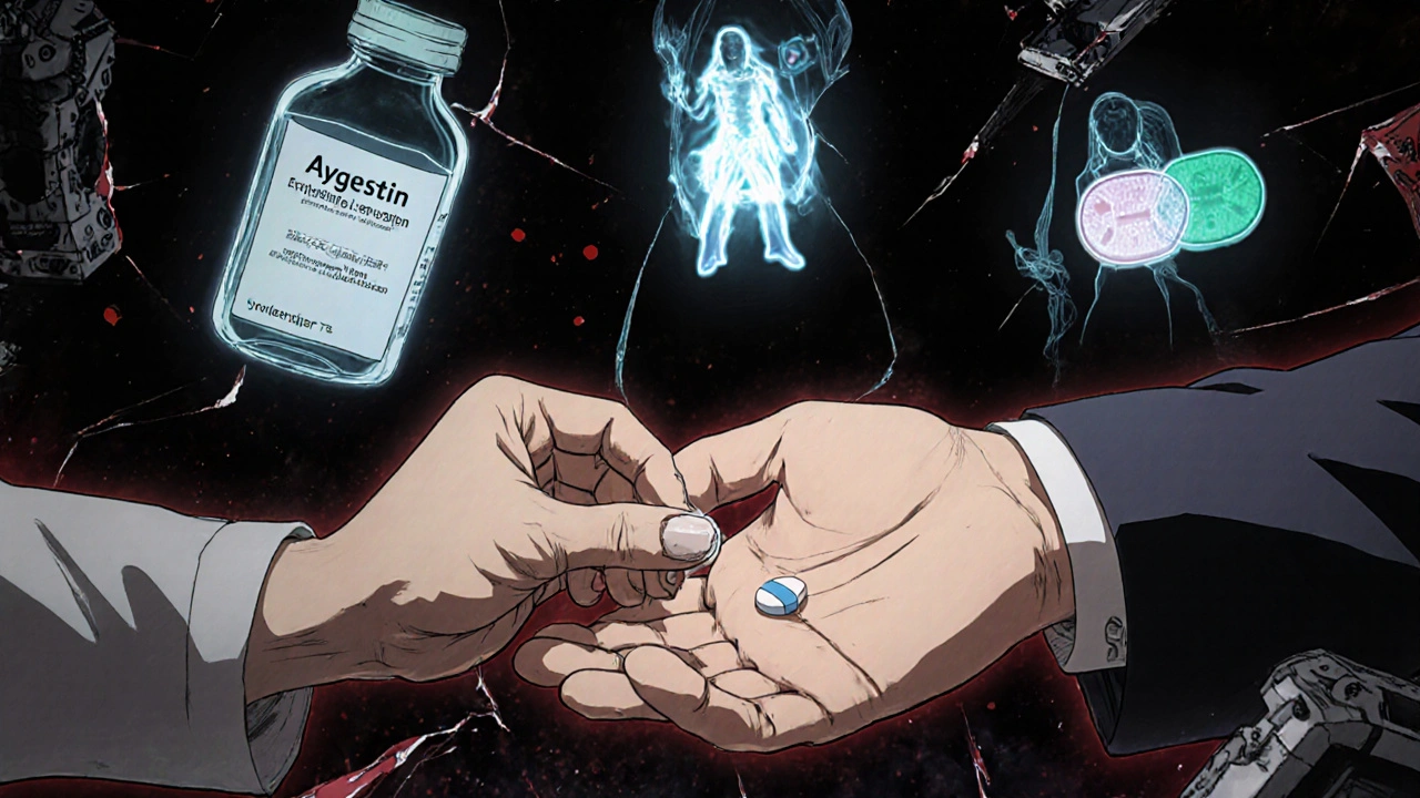 Mano de médico entregando una píldora mientras alternativas hormonales flotan como fantasmas en el fondo.