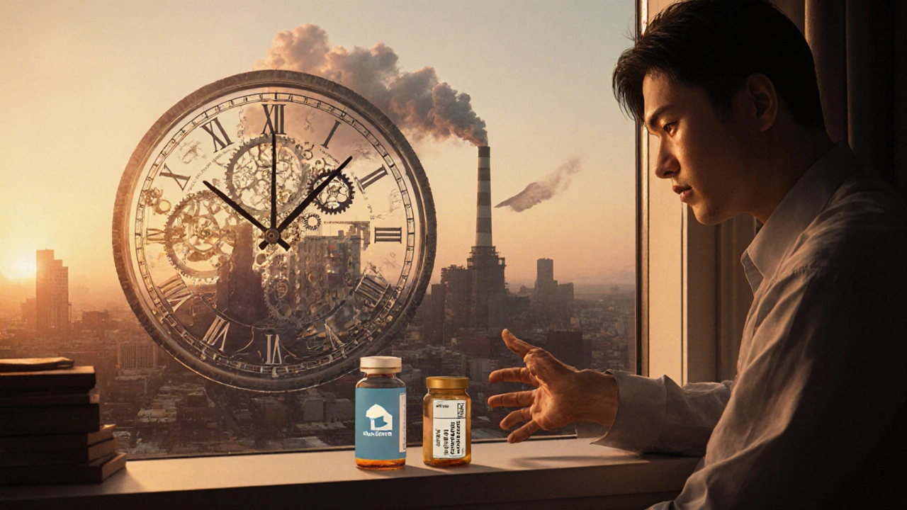 Mano de paciente alcanzando dos botellas de pastillas al amanecer, con fábrica estadounidense al fondo.