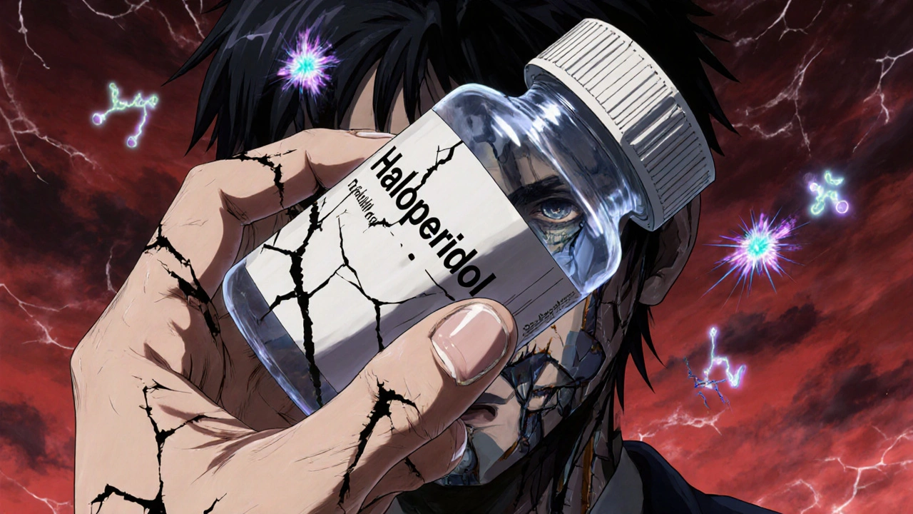 Mano sosteniendo pastilla con grietas oscuras, cerebro con receptores explotando, fondo rojo tormentoso.