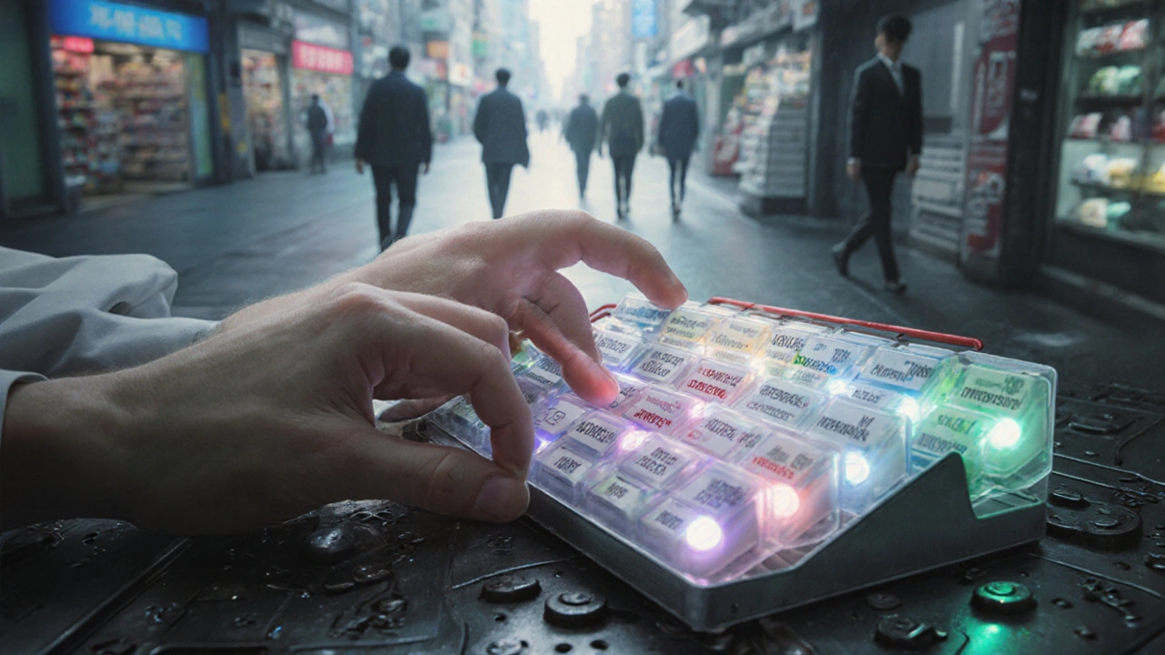Manos de farmacéutico ajustando pastillas como engranajes en un reloj médico.