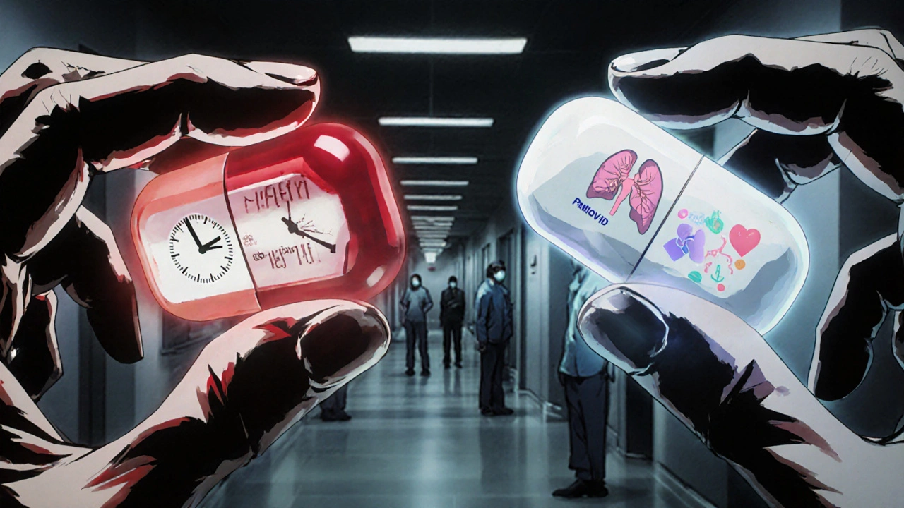 Manos sosteniendo pastillas Tamiflu y Paxlovid con símbolos de tiempo y riesgos médicos alrededor.