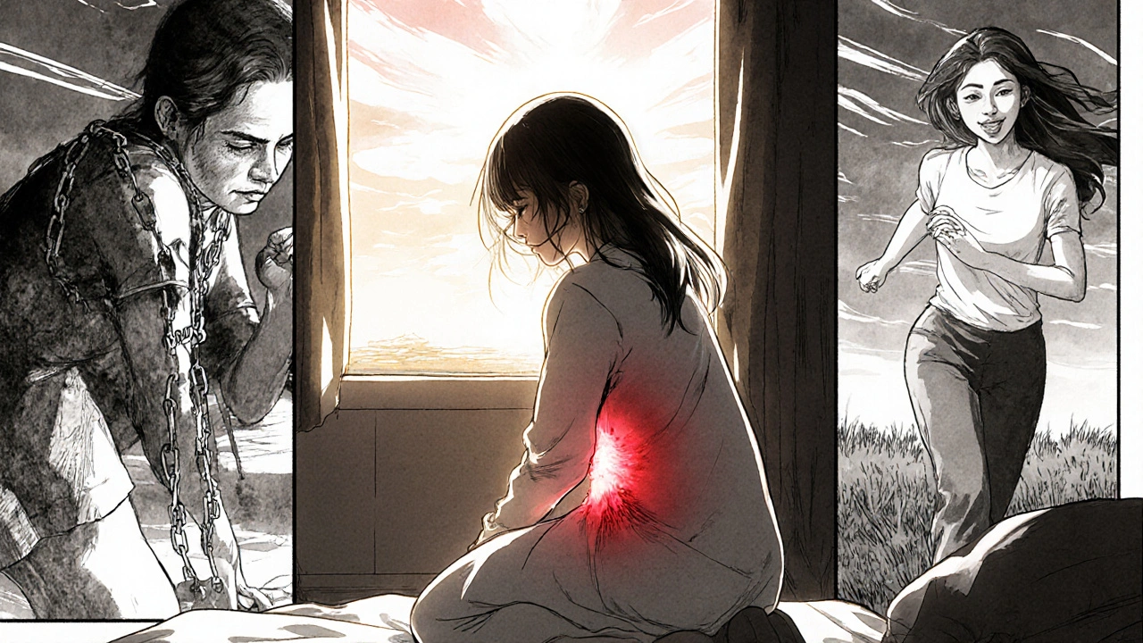 Mujer sanando su abdomen mientras recuerdos de tratamientos anteriores y futuros se despliegan en paneles.