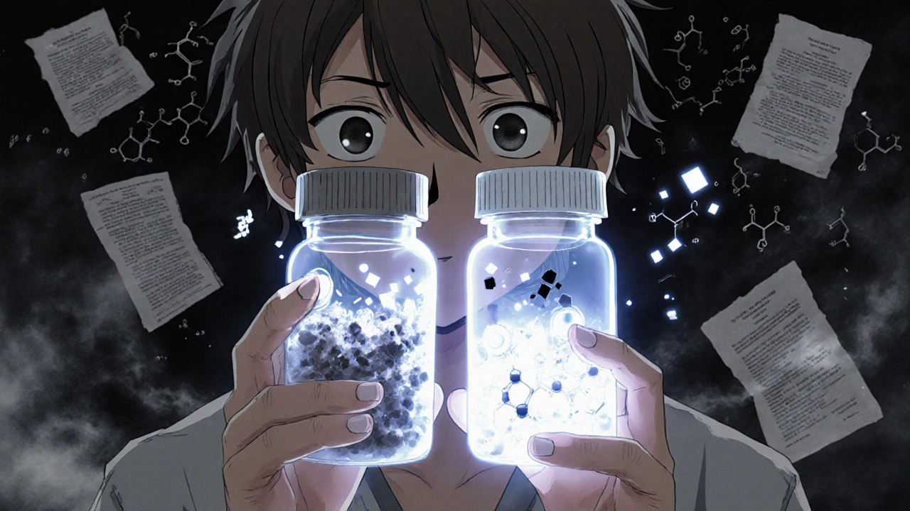 Paciente comparando botellas de medicamentos mientras una representación espectral muestra que contienen la misma fórmula química.