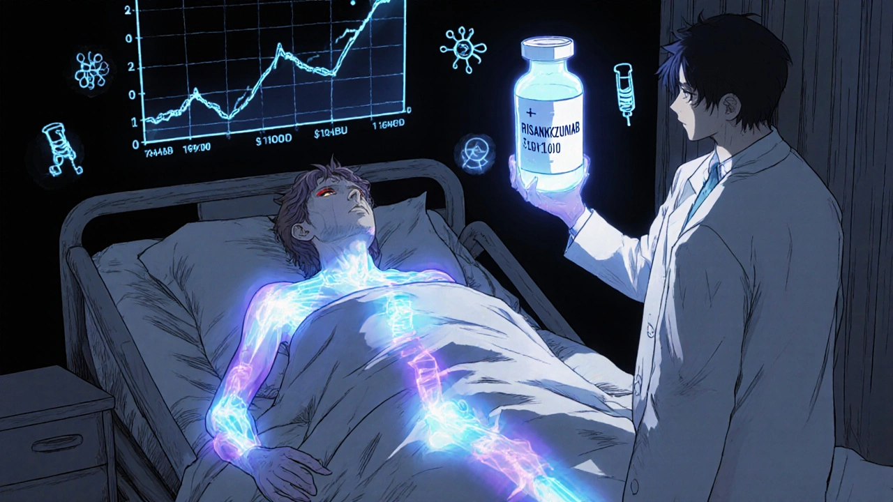 Paciente con armas biológicas visibles en su sangre mientras un médico administra un tratamiento innovador.