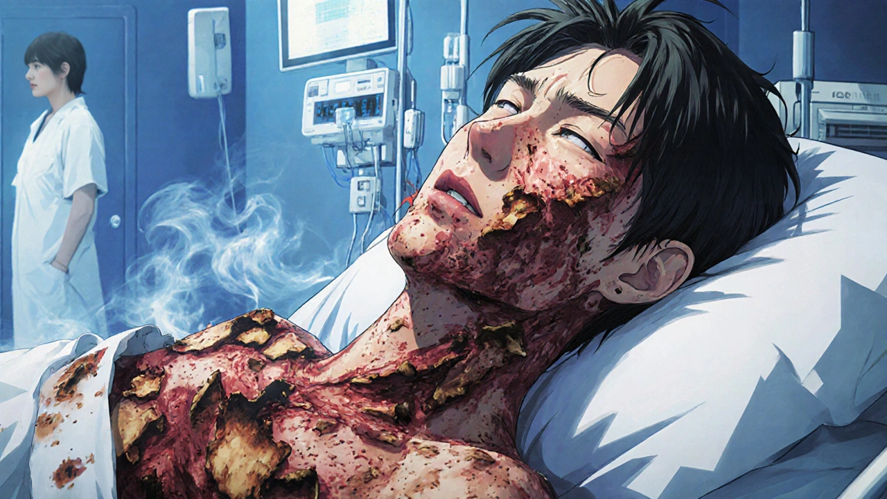 Paciente con síndrome de Stevens-Johnson, piel desprendiéndose y ampollas en boca y ojos.