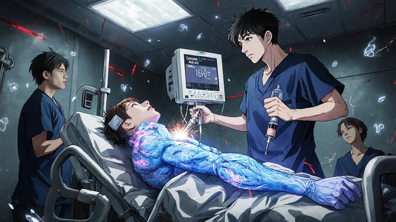 Paciente en urgencias con ritmo cardíaco extremo, esmolol por IV, monitores descontrolados, luces de emergencia.