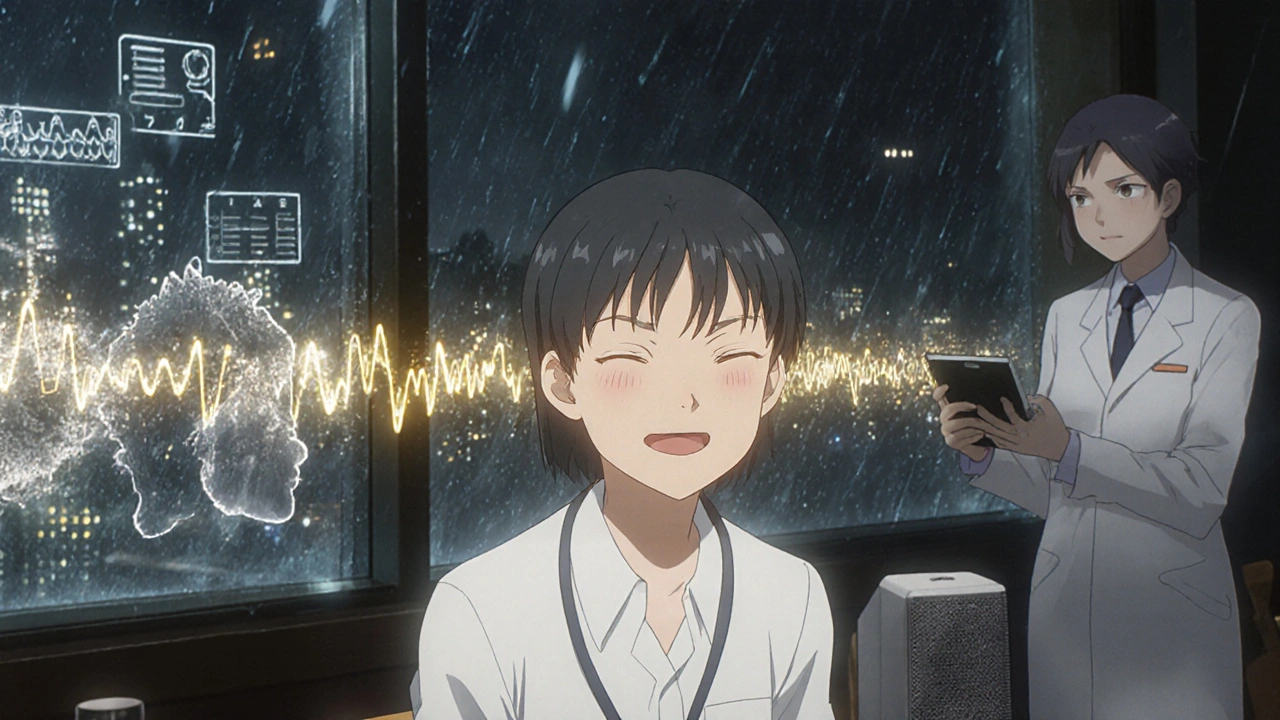 Paciente sonriendo en un restaurante mientras las ondas de sonido claras llegan a su oído, ruido distorsionado a su alrededor.