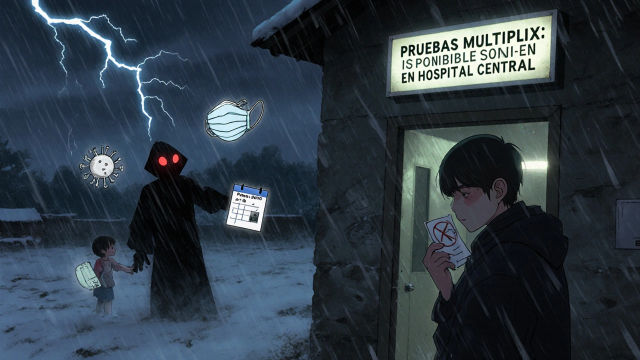 Persona en clínica rural con prueba negativa, tormenta de nieve y figura sombría representando gripe no detectada.