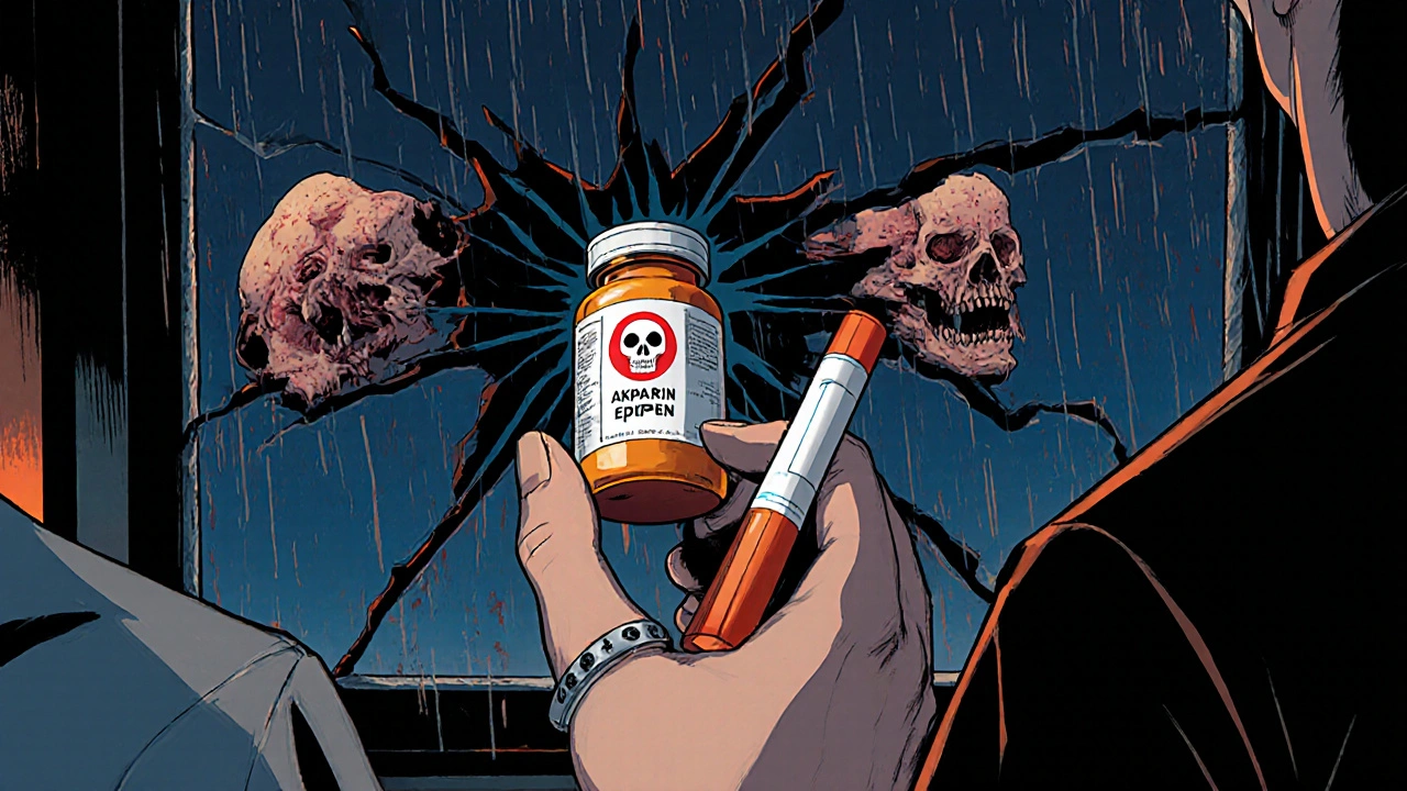 Persona sosteniendo pulsera médica y autoinyector, reflejos de reacciones adversas en un espejo fracturado.