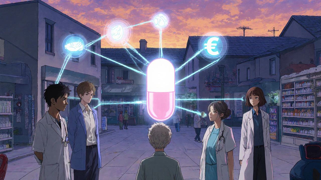 Profesionales de salud y paciente forman un círculo con redes de luz conectadas, una pastilla genérica brilla en el centro como símbolo de justicia sanitaria.