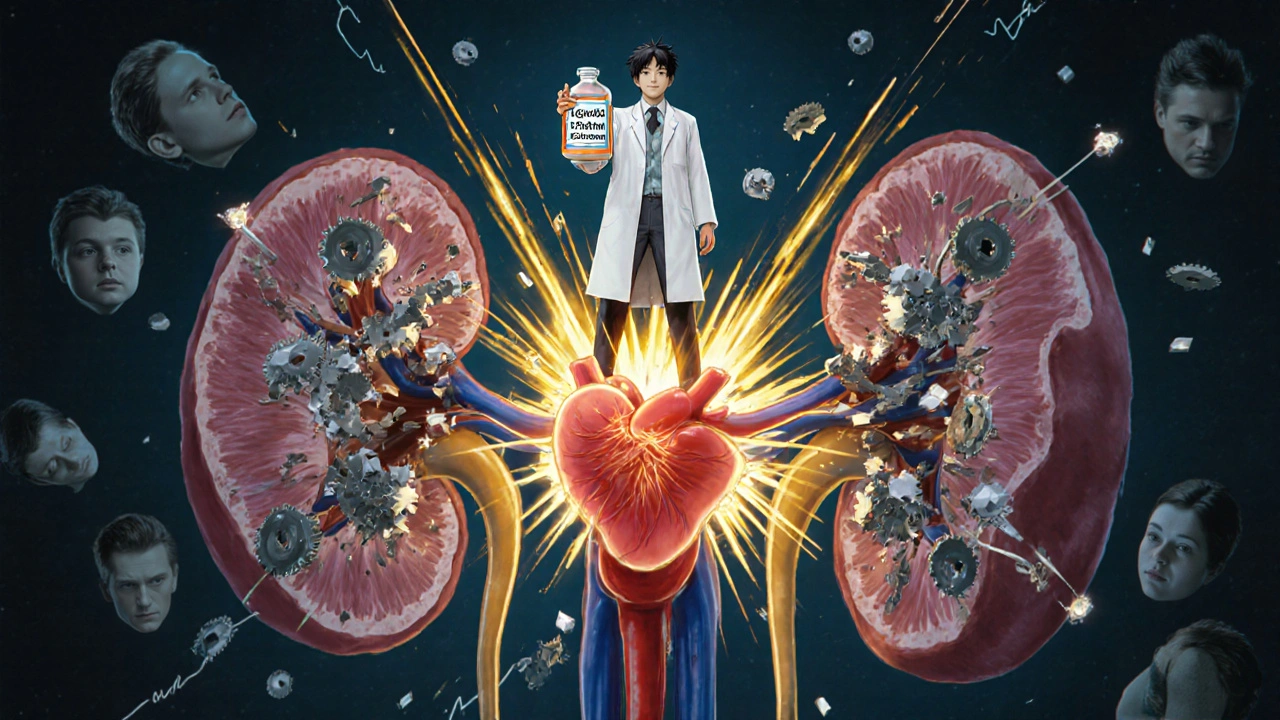 Riñón como campo de batalla mecánico con inhibidores SGLT2 y flujo de glucosa, estilo Kentaro Miura.