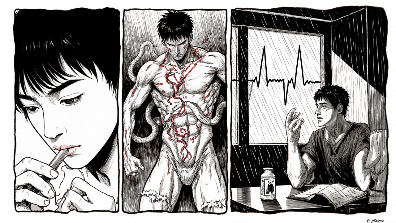 Tres escenas: paciente tomando medicamento, en crisis y recuperándose, con cicatrices musculares y lágrima sobre botella vacía.