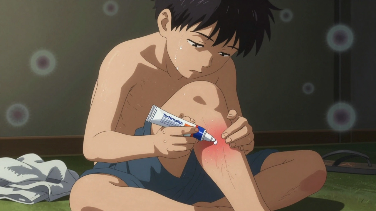 Adolescente aplicando crema antifúngica en la ingle, con sudor y toalla al fondo, estilo Miura.