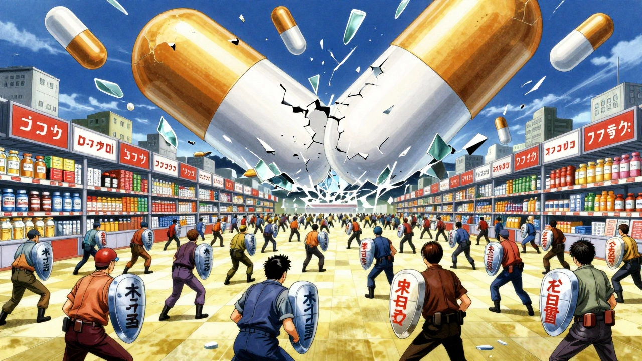 Batalla en un mercado farmacéutico donde fabricantes de genéricos derriban un monolito de medicamento de marca.