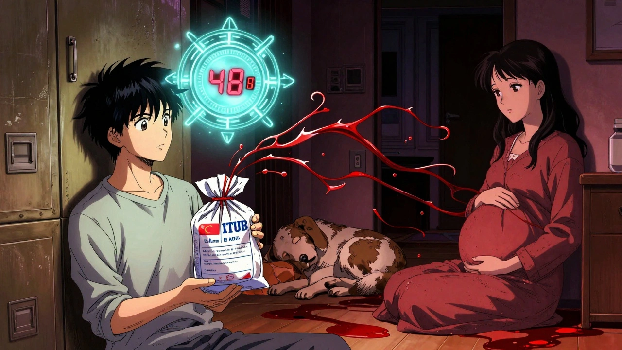 Bolsa de residuos de quimioterapia con contador de 48 horas y energía tóxica extendiéndose hacia una familia.