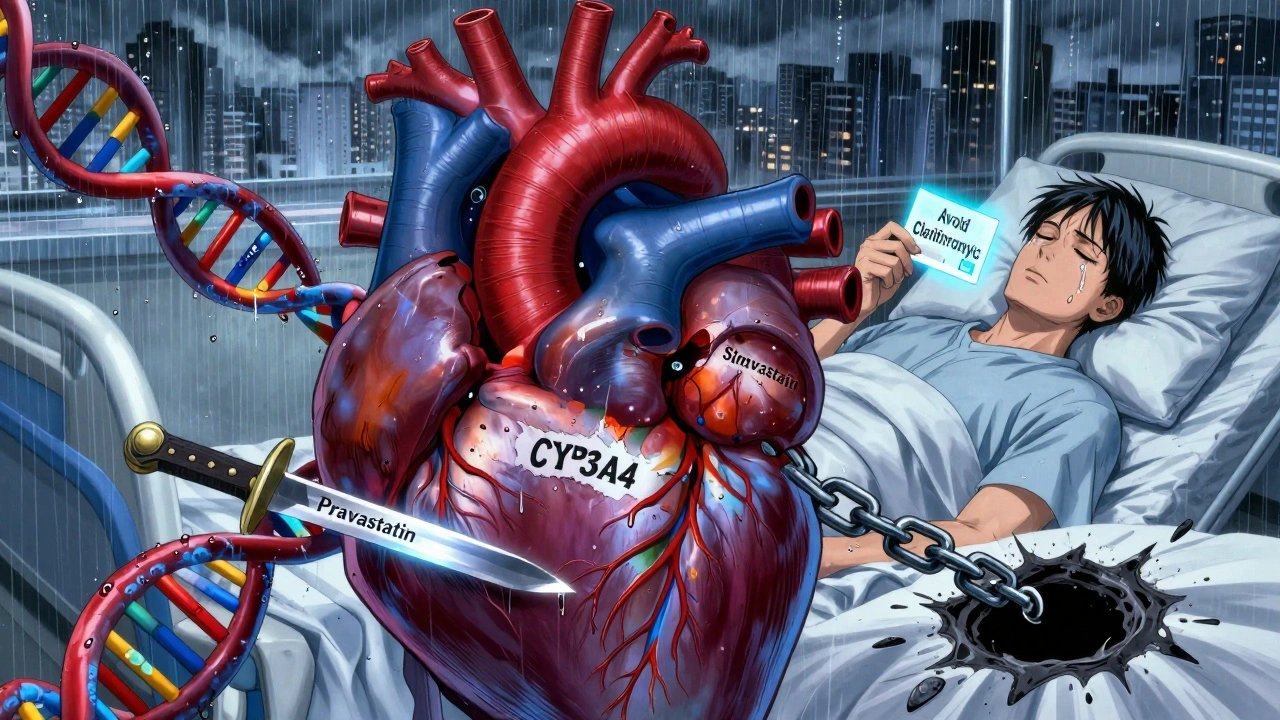 Corazón rodeado de ADN dañado, una estatina segura corta cadenas mientras otra cae en un agujero negro.