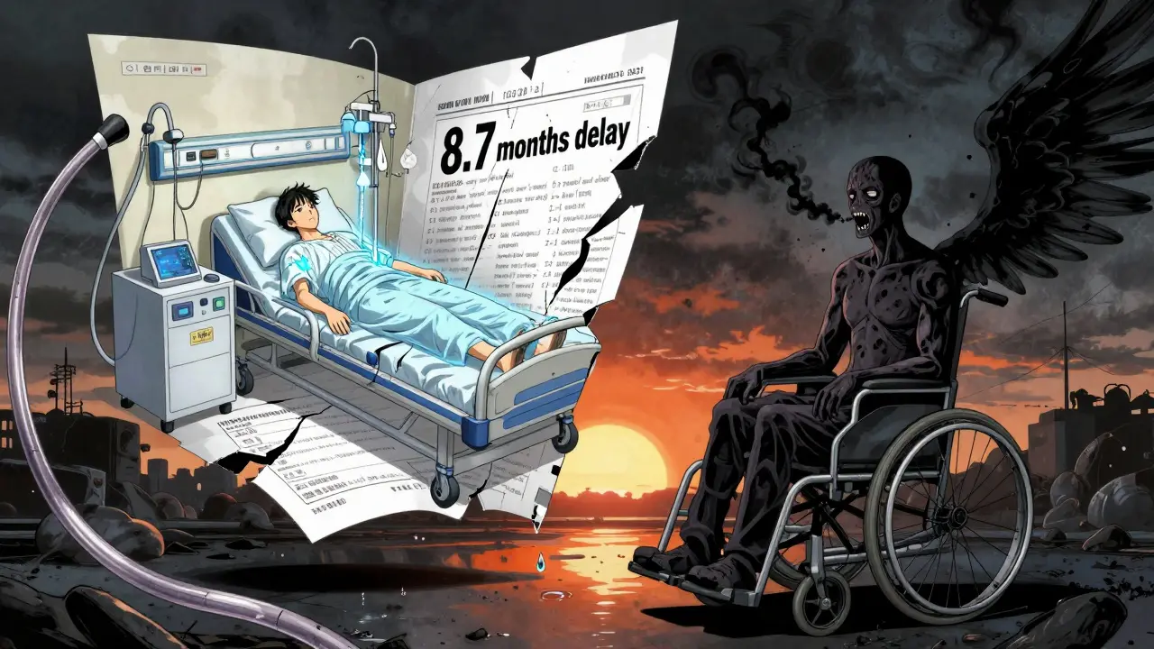 Doble imagen: paciente en diálisis con luz azul frente a otro envuelto en humo negro, símbolo de retraso médico.