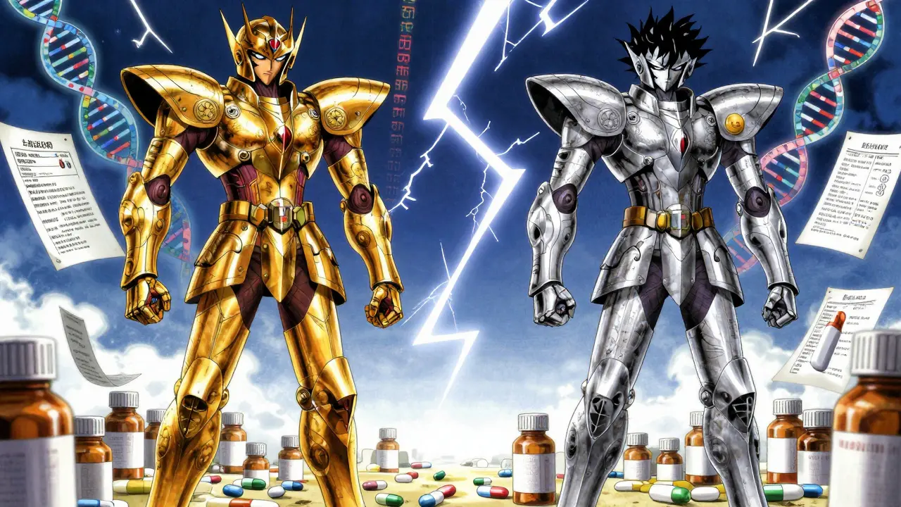 Dos figuras armadas representando un biológico y su biosimilar, en batalla con símbolos médicos al fondo.