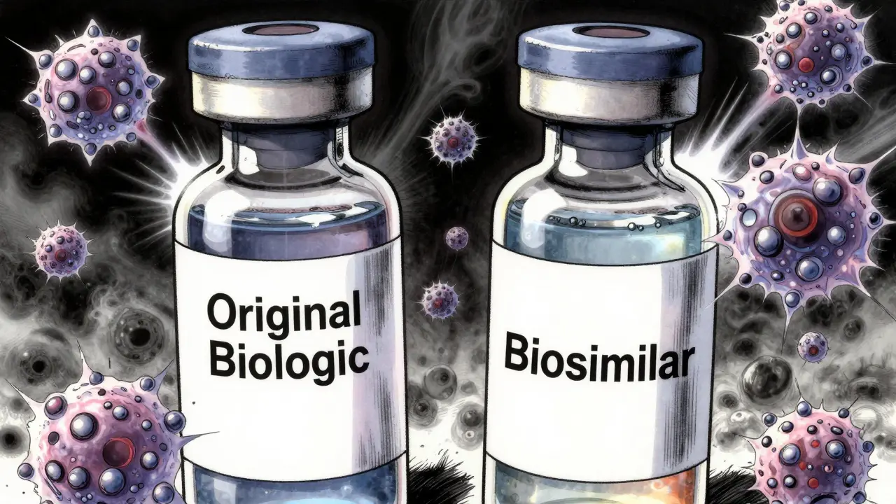Dos viales de medicamentos biológicos con diferencias microscópicas que generan reacciones inmunitarias visuales en forma de patrones fractales.