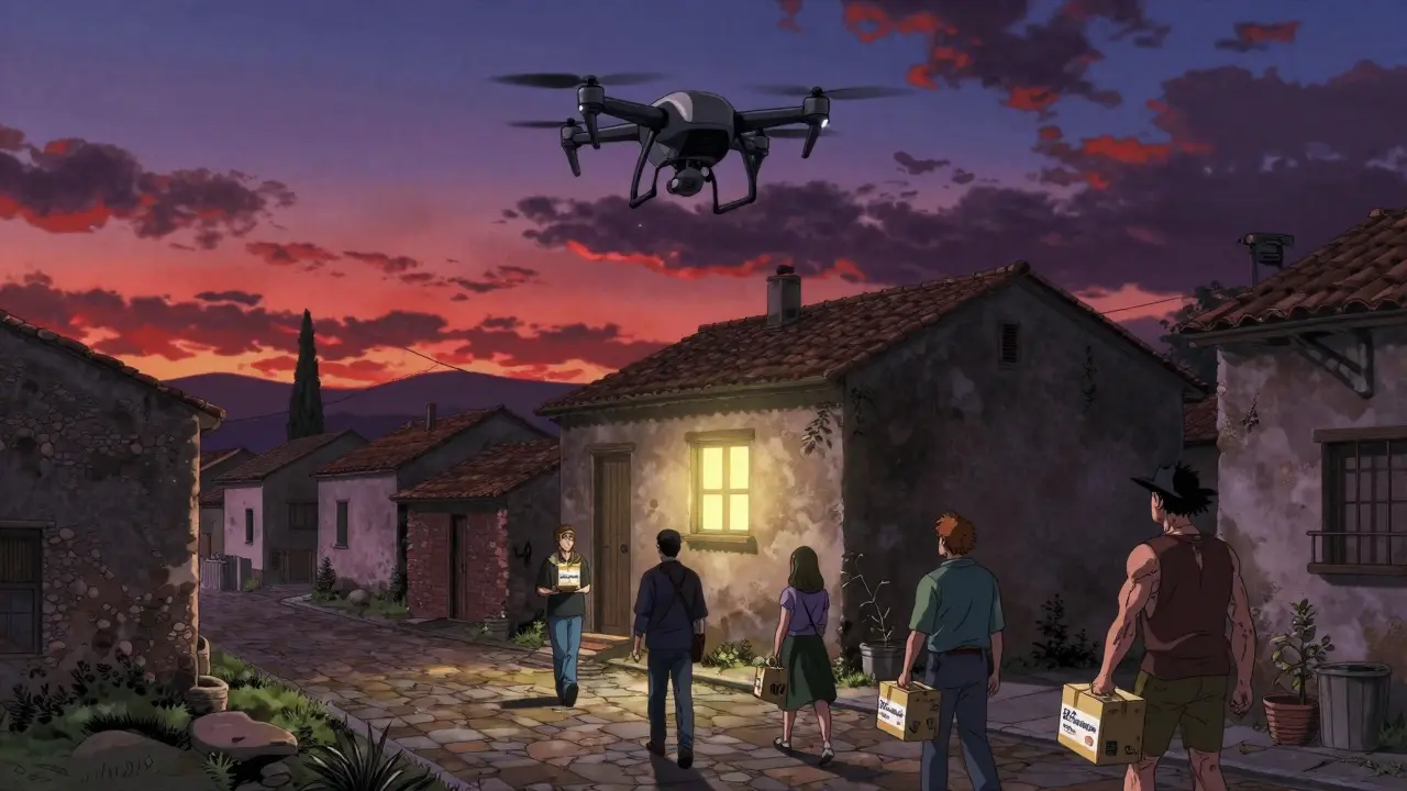 Drone entregando medicamentos en pueblo español al atardecer, vecinos caminan con paquetes, ambiente sereno y realista.