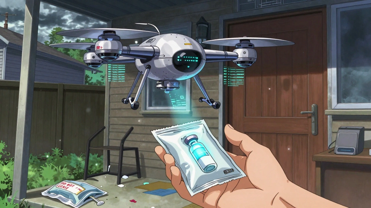 Drone médico entrega un paquete térmico en el porche, con una insulina brillante y paquetes de gel derretidos en el suelo.