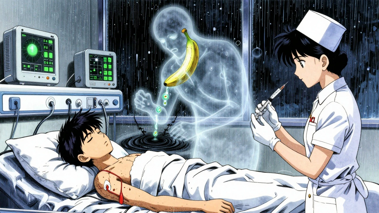 Enfermera administrando patiromer a un paciente en hospital, con imágenes fantasma de alimentos disolviéndose y iones de potasio drenándose.