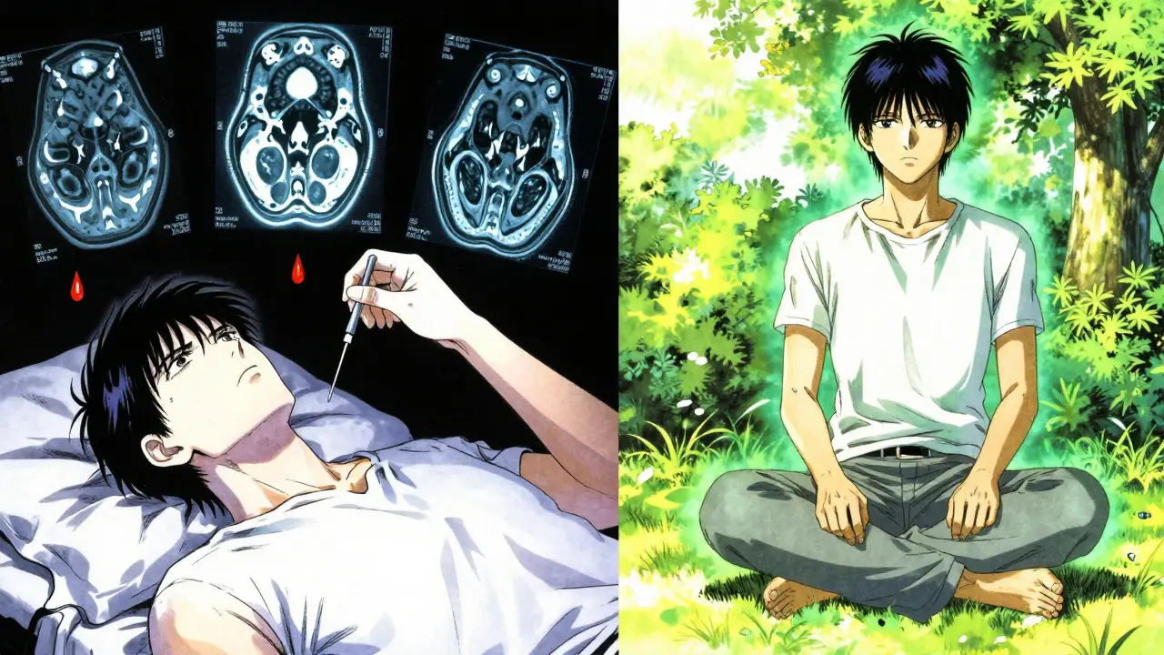 Escena dividida: biopsia versus vida tranquila, simbolizando la elección entre tratamiento y vigilancia.