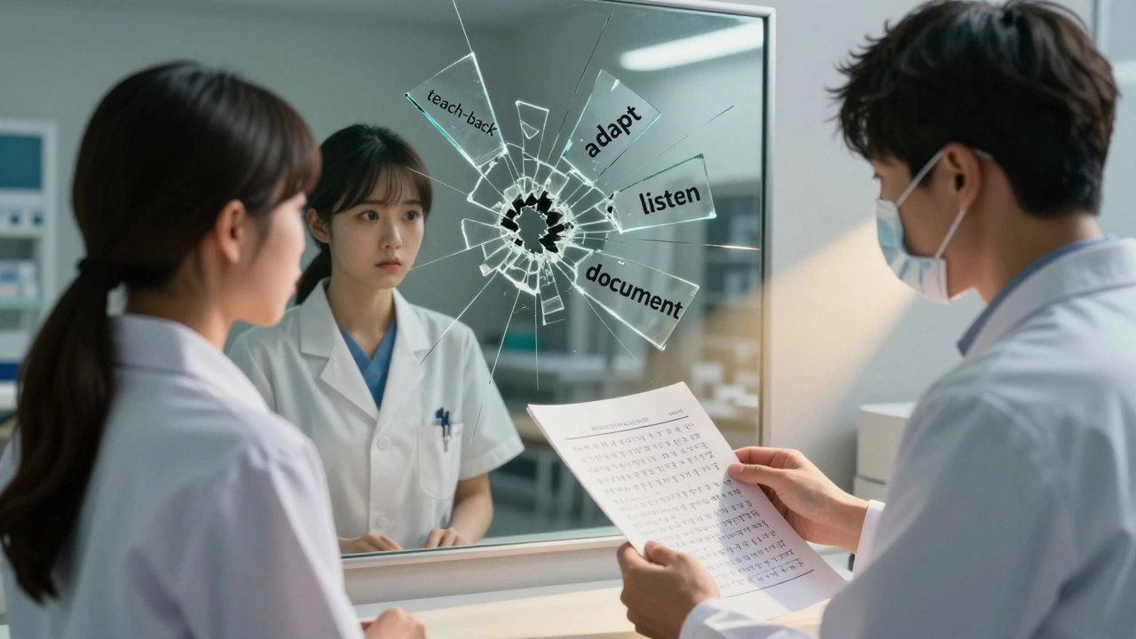 Estudiante de farmacia practica consulta con paciente simulado en sala de entrenamiento, espejo roto reflejando emociones.