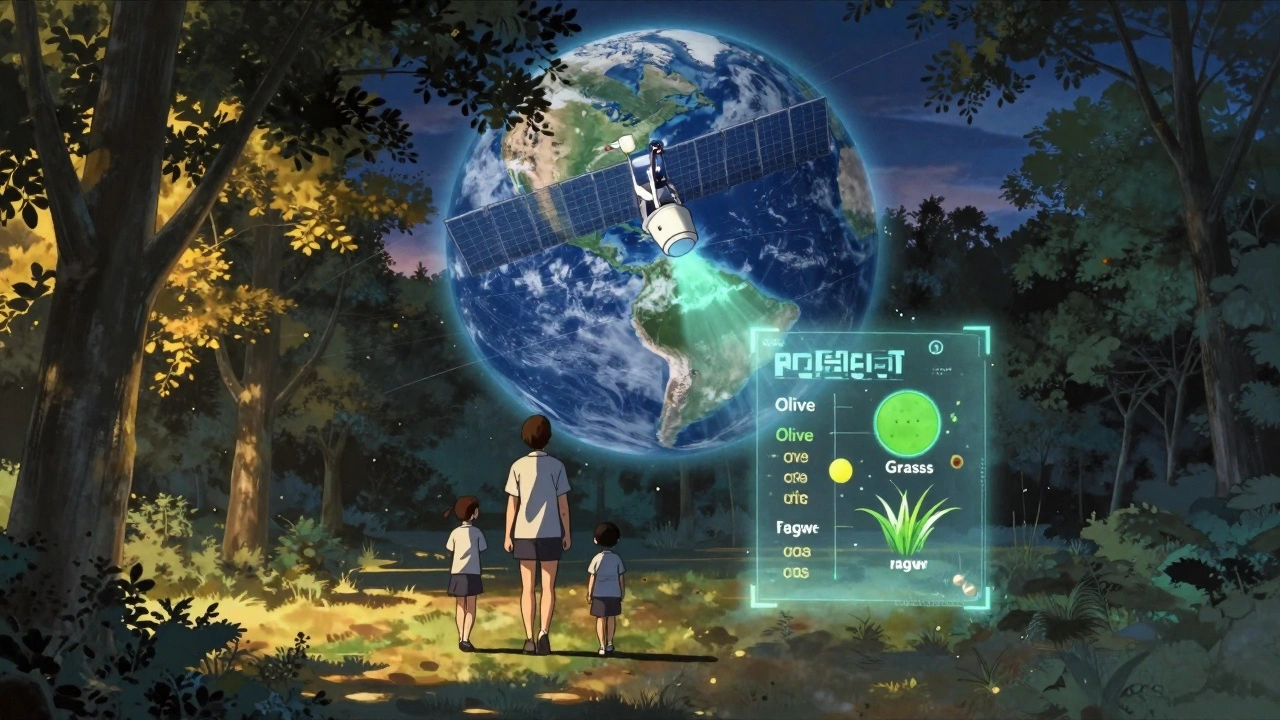 Familia caminando al atardecer bajo árboles, con granos de polen cayendo suavemente y un satélite en el cielo.