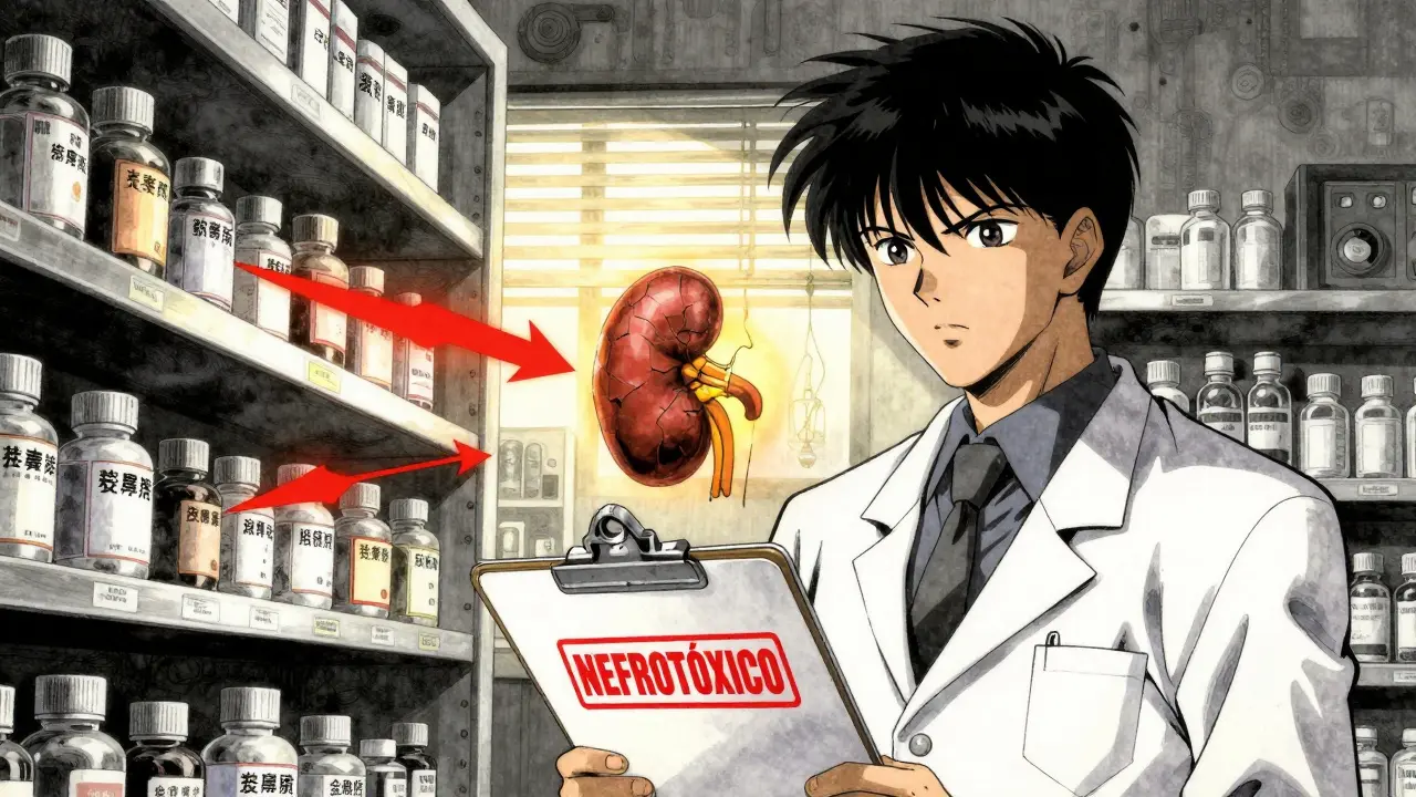 Farmacéutico alerta sobre medicamentos nefrotóxicos mientras un riñón se desvanece en la sombra.