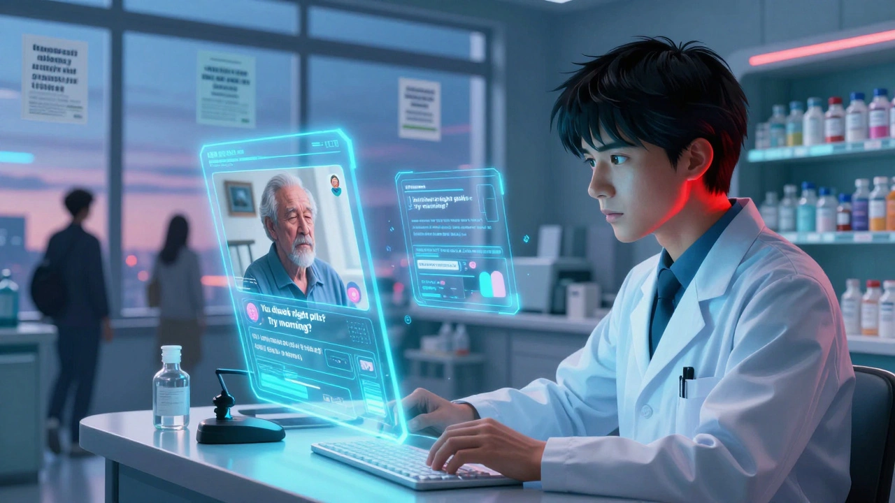 Farmacéutico consulta por video con paciente mayor mientras IA ajusta consejos en tiempo real en entorno futurista.