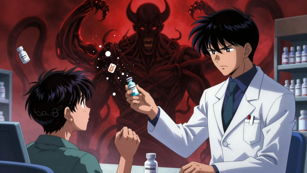 Farmacéutico entrega un antibiótico seguro mientras una sombra demoníaca destruye estatinas peligrosas.