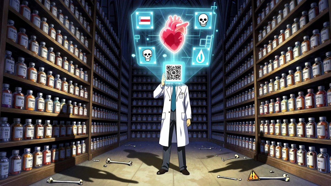 Farmacéutico frente a un holograma de símbolos de medicamentos en una farmacia infinita.