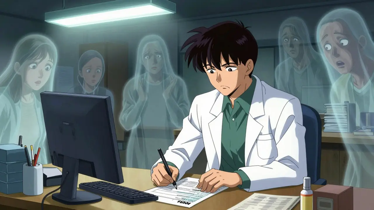 Farmacéutico llenando un formulario de reporte mientras figuras espectrales de pacientes afectados lo rodean.