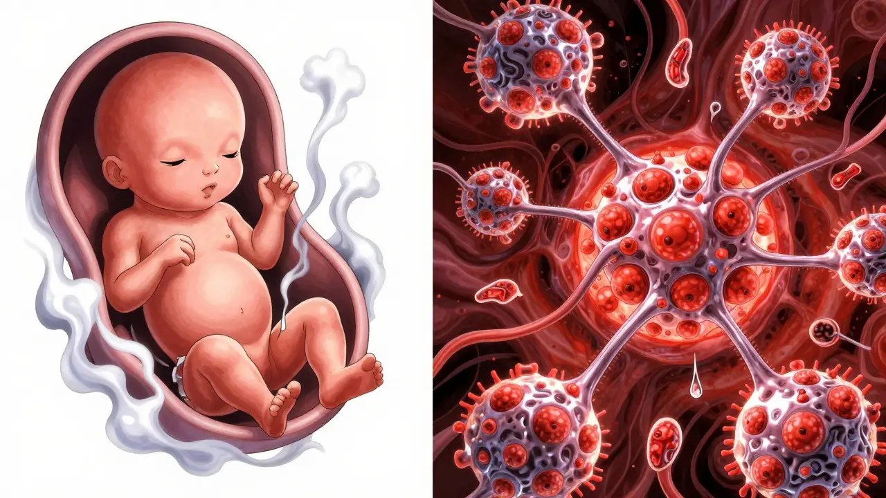 Feto desintegrándose en moléculas de talidomida al lado de células cancerosas siendo atacadas por las mismas moléculas.