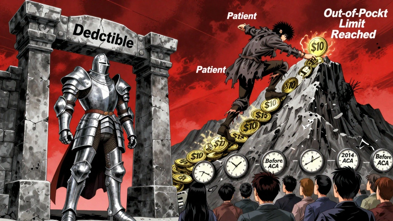 Figura sube una montaña de monedas de copagos hacia un límite de gastos de bolsillo, mientras un caballero bloquea el deducible.