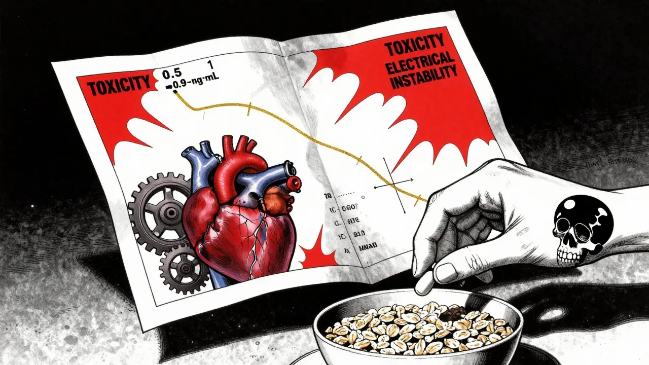 Gráfico médico con niveles de digoxina y corazón mecánico roto, antácido transformado en calavera sobre avena.