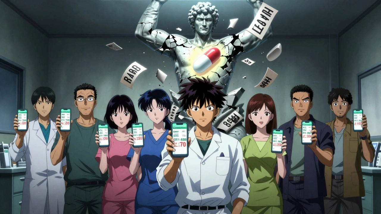 Grupo de pacientes con teléfonos mostrando precios, frente a una estatua que se desmorona, representando el sistema farmacéutico.