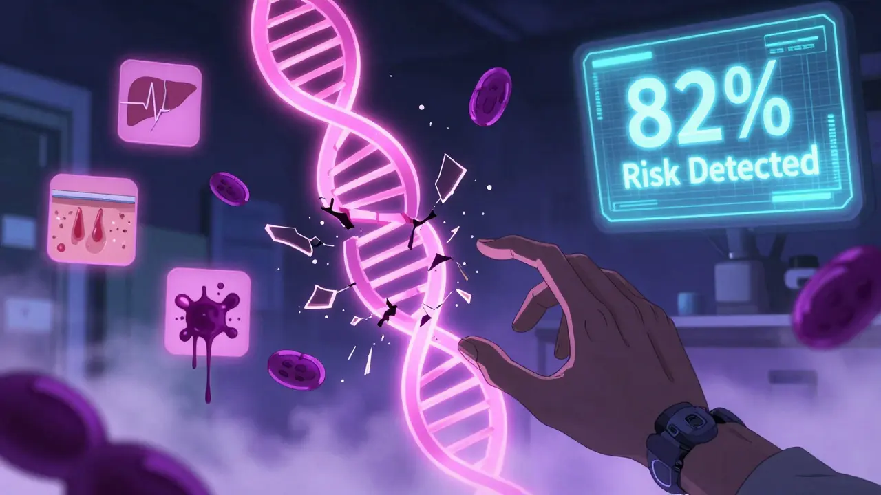 Helice de ADN que se rompe con etiqueta HLA-B*15:02, símbolos médicos sangrando, pantalla muestra riesgo del 82%.