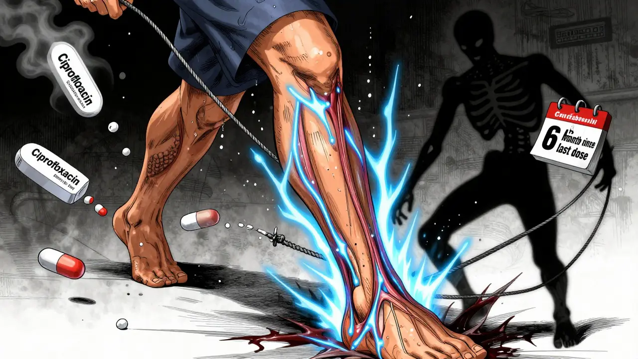 Hombre con tendón de Aquiles roto, píldoras de ciprofloxacina se desvanecen en humo, daño neural radiante.