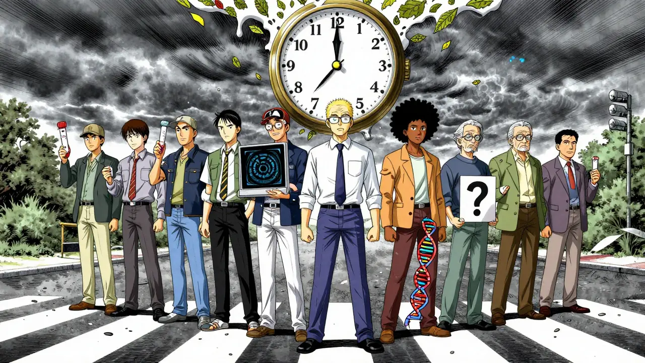 Hombres en encrucijada con herramientas de diagnóstico, reloj derritiéndose, simbolizando riesgos y desigualdades.