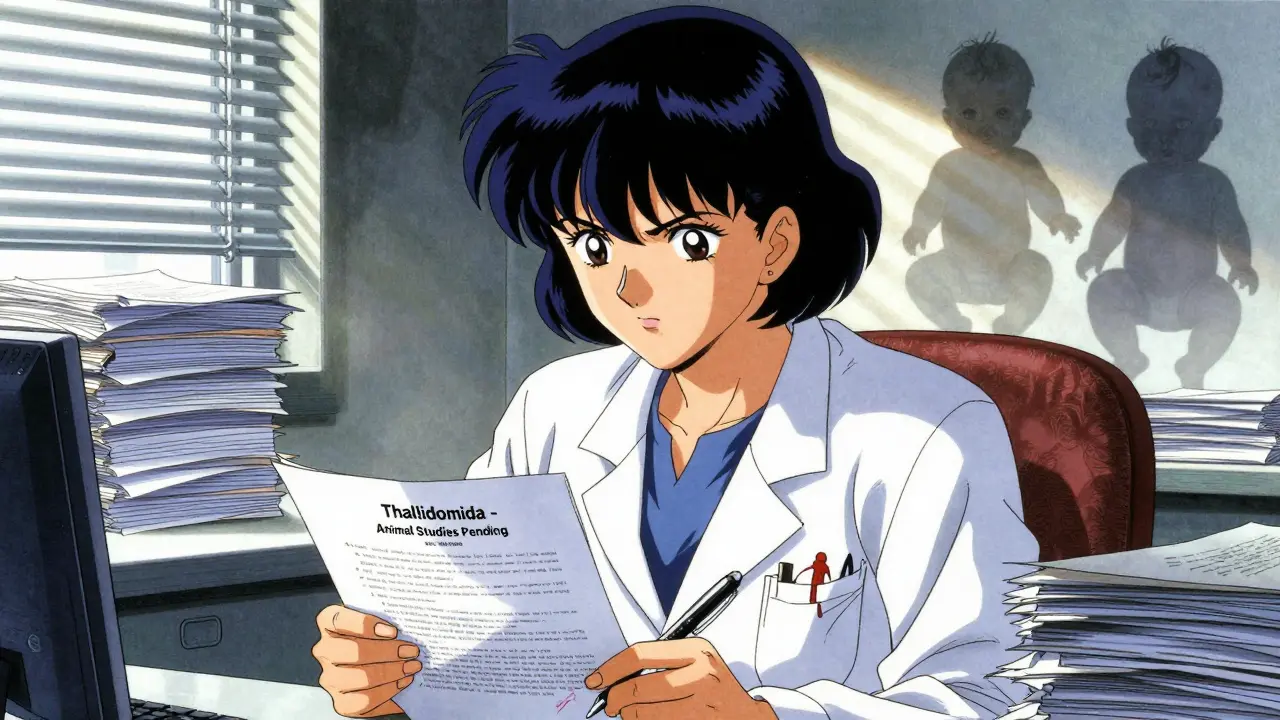 La doctora Kelsey en la FDA, rodeada de documentos, mirando con determinación una solicitud rechazada de talidomida.
