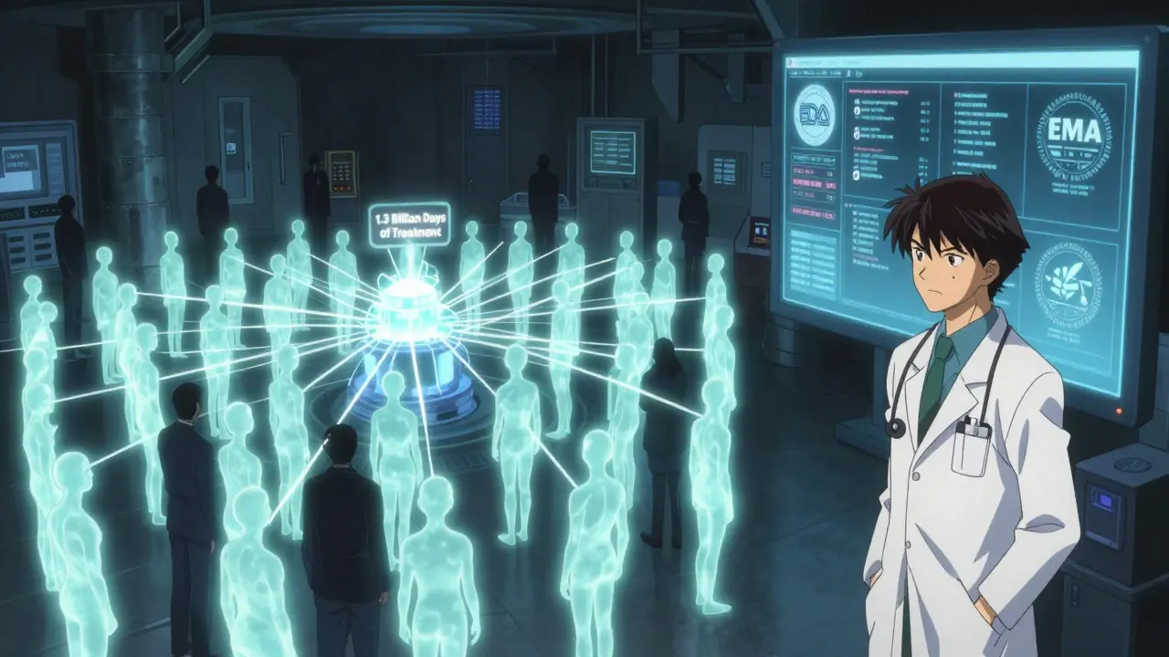 Laboratorio subterráneo con miles de pacientes conectados a un núcleo de datos, médicos frente a pantallas de aprobación.