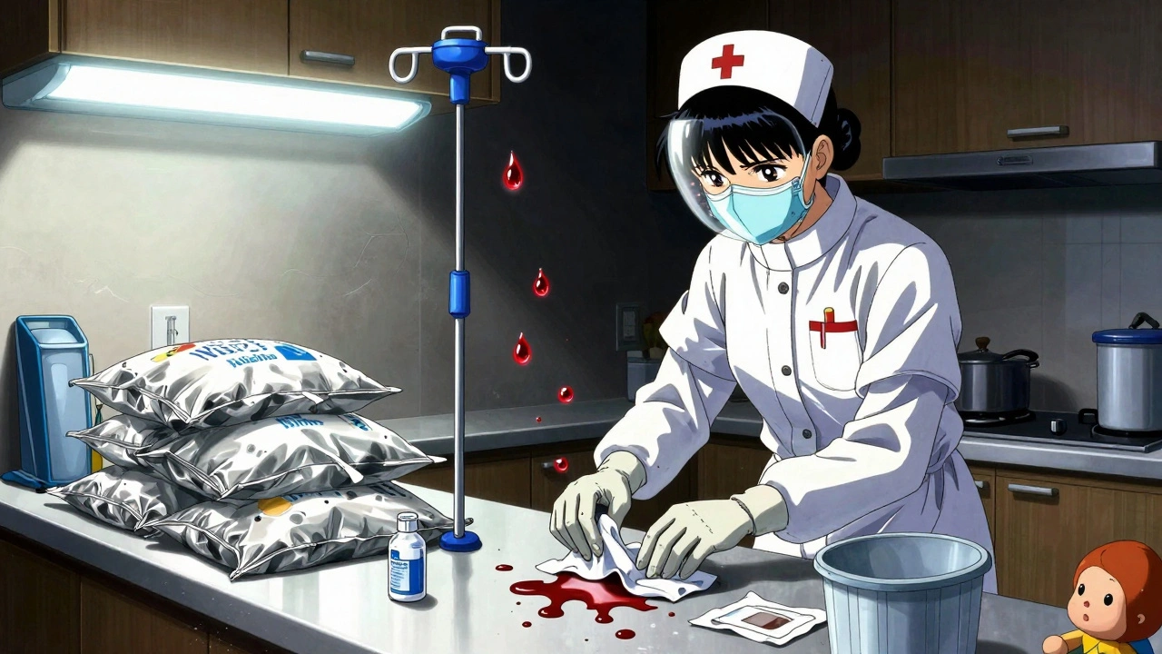 Limpieza de derrame de quimioterapia en cocina con equipo de protección y bolsas selladas.