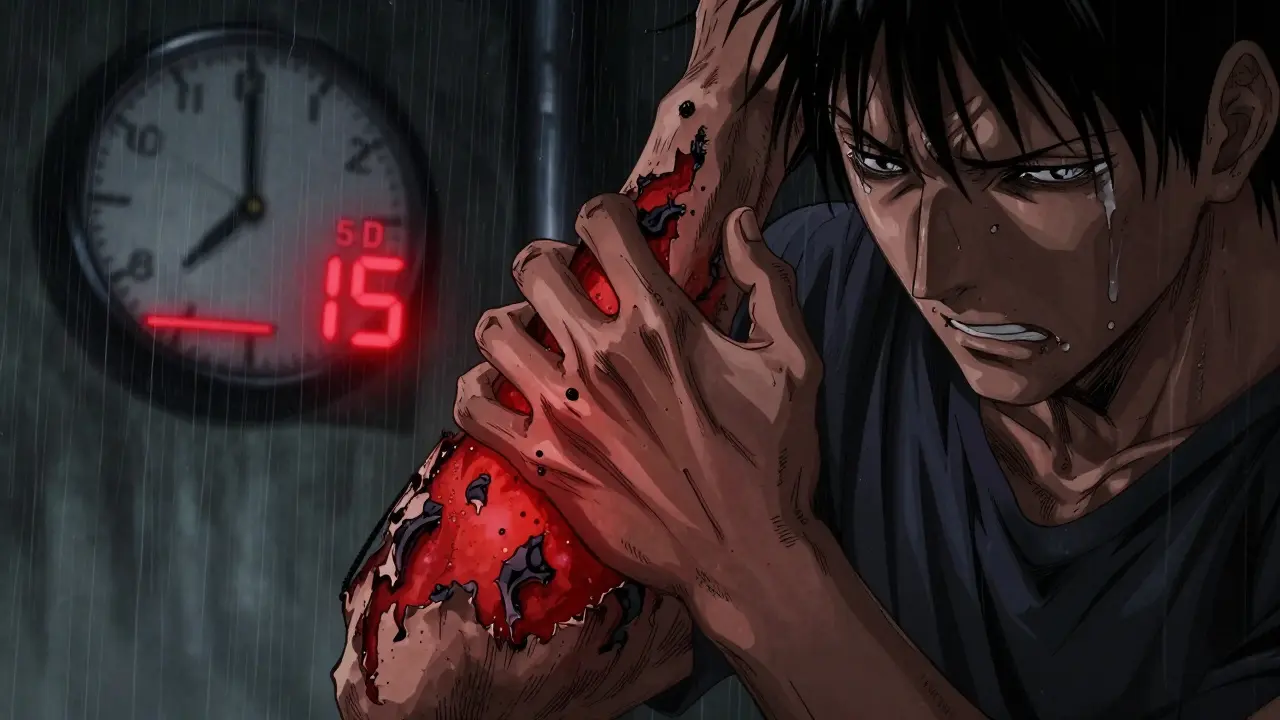 Mano arrancando la piel por picazón intensa, con escala 5-D Itch en rojo y reloj de medianoche.