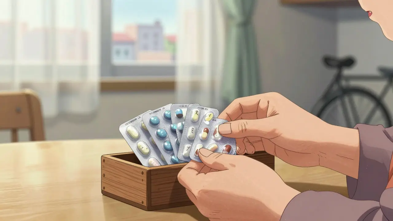 Manos de mujer mayor colocando pastillas en caja de madera, luz solar suave y medicamentos para presión, diabetes y colesterol.