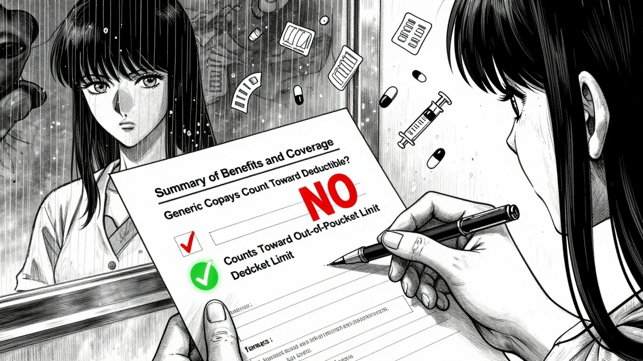 Manos de mujer revisan un documento médico con un &#039;NO&#039; rojo sobre copagos y &#039;SÍ&#039; verde en límite de gastos.