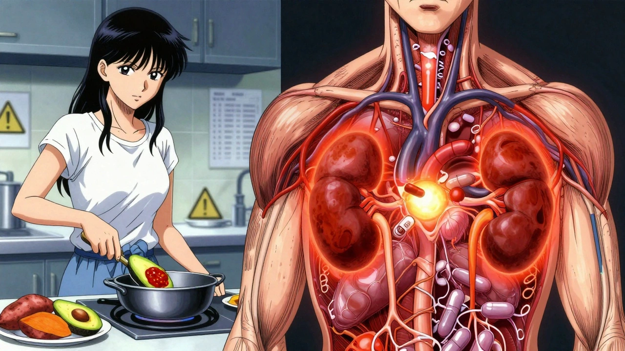 Mujer cocinando alimentos ricos en potasio mientras su cuerpo muestra sobrecarga de potasio en riñones y corazón, con píldoras como bombas.