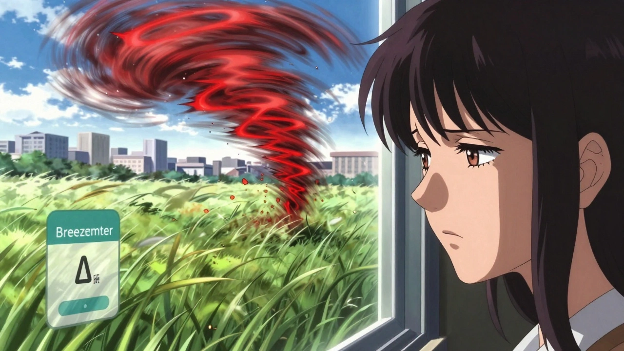 Mujer mirando por la ventana mientras una tormenta de polen se desata fuera, con símbolos rojos de alerta en el aire.